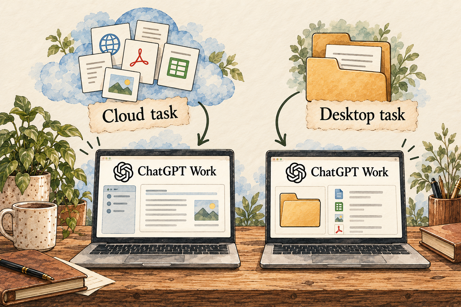 Cloud and desktop Work paths use different inputs: uploaded sources or a chosen local folder.