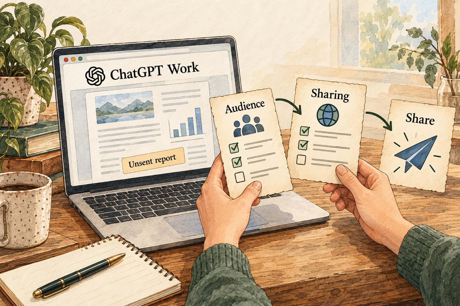 An unsent report sits beside a human checklist for audience and sharing.