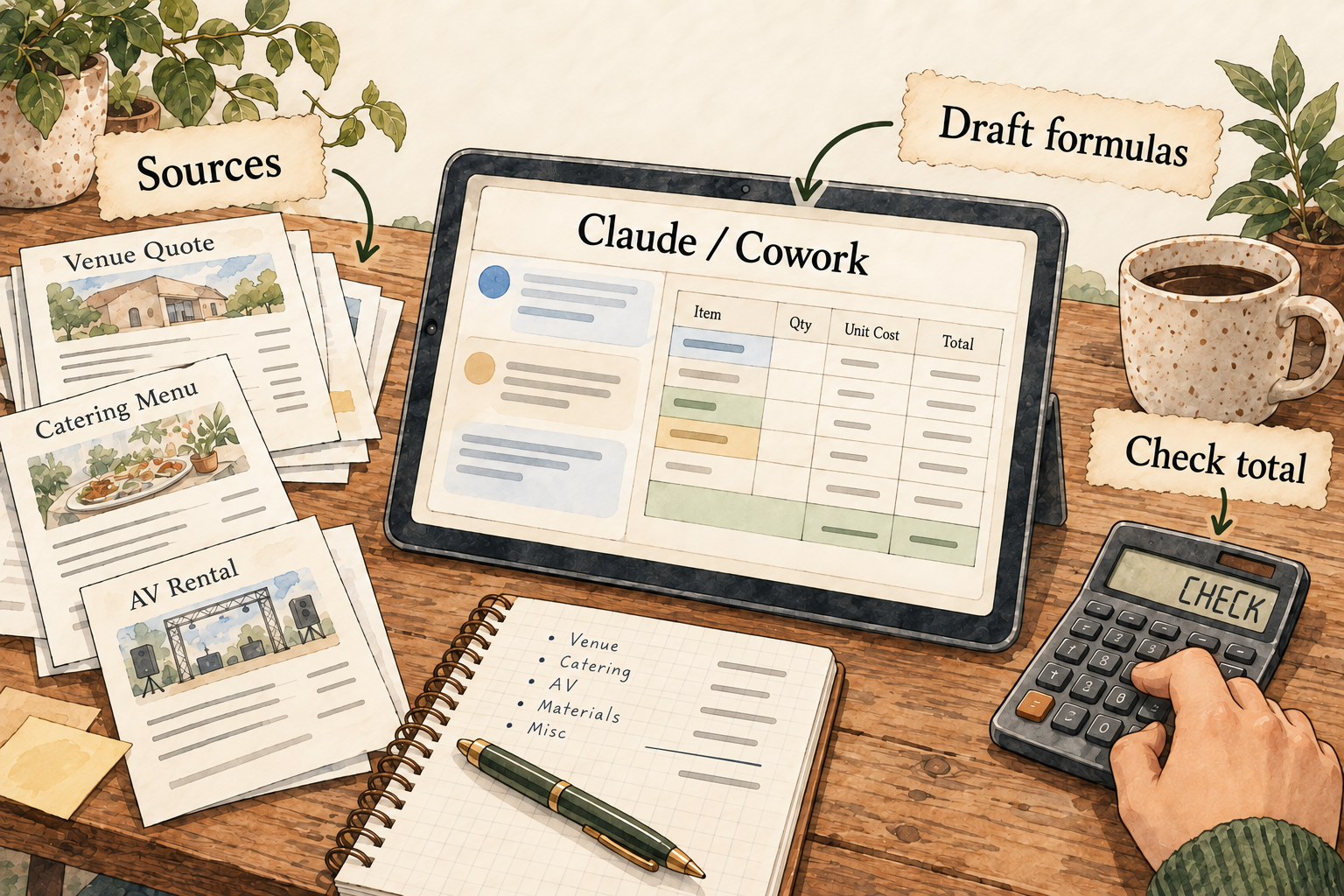 A person checks a draft spreadsheet against public prices and a calculator.