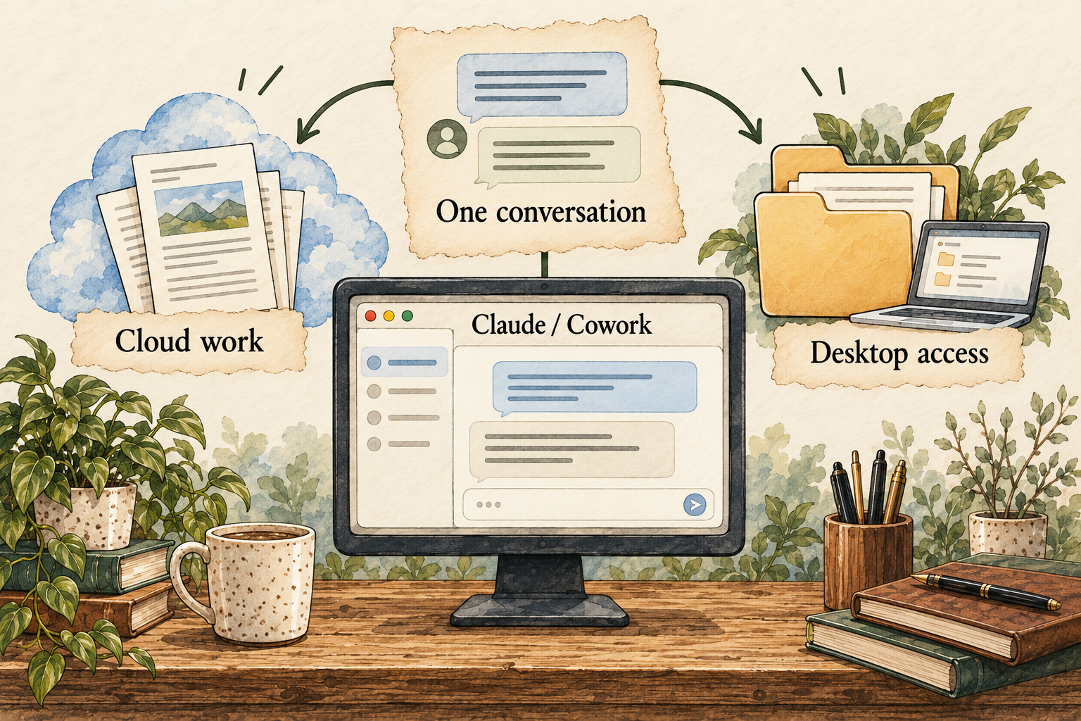 One Claude conversation branches into cloud work and permitted desktop work.