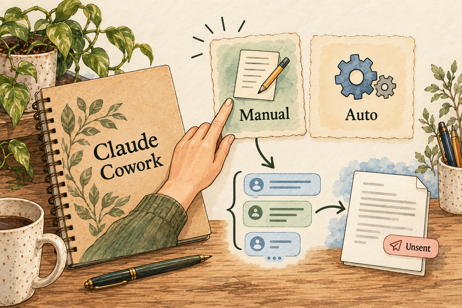 A hand chooses Manual beside an Auto card and a conversation scope note.