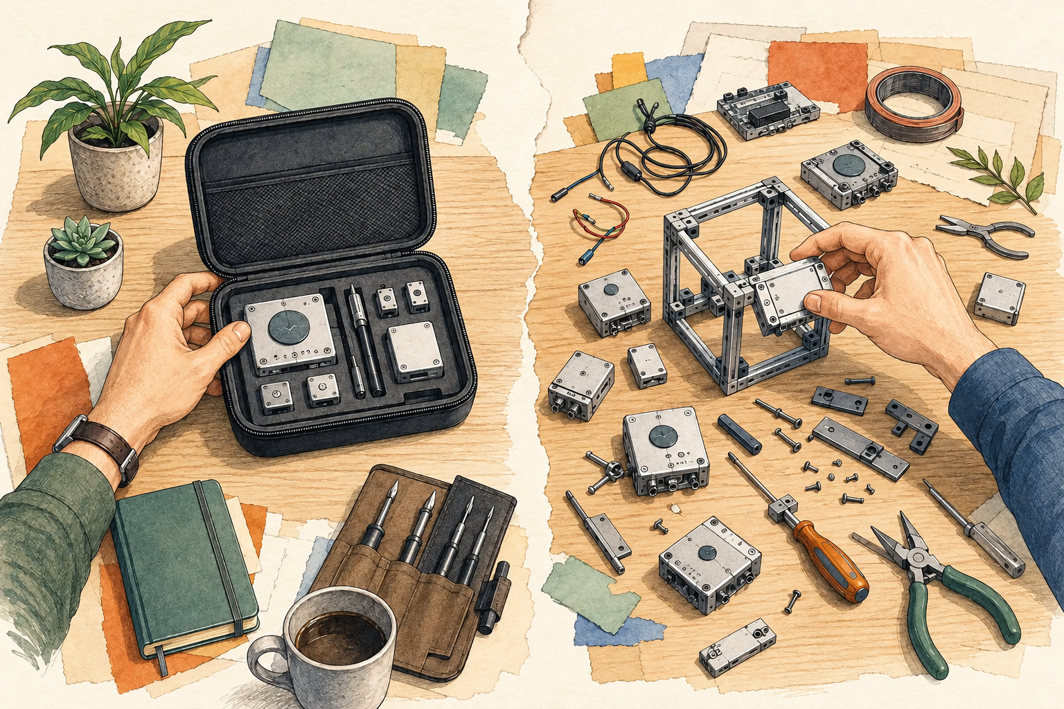 Two personal-agent approaches arranged on a hand-drawn workbench