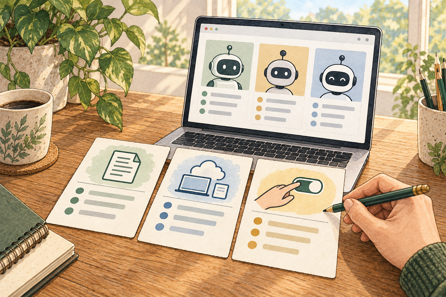 A laptop with illustrated software agents beside task, device and permission comparison cards