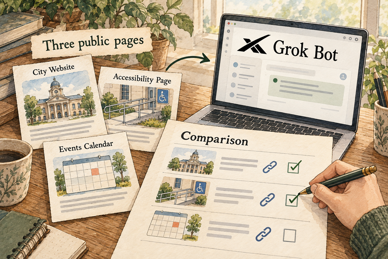Three public source pages lead to a linked comparison; a hand checks a report row against an original source.