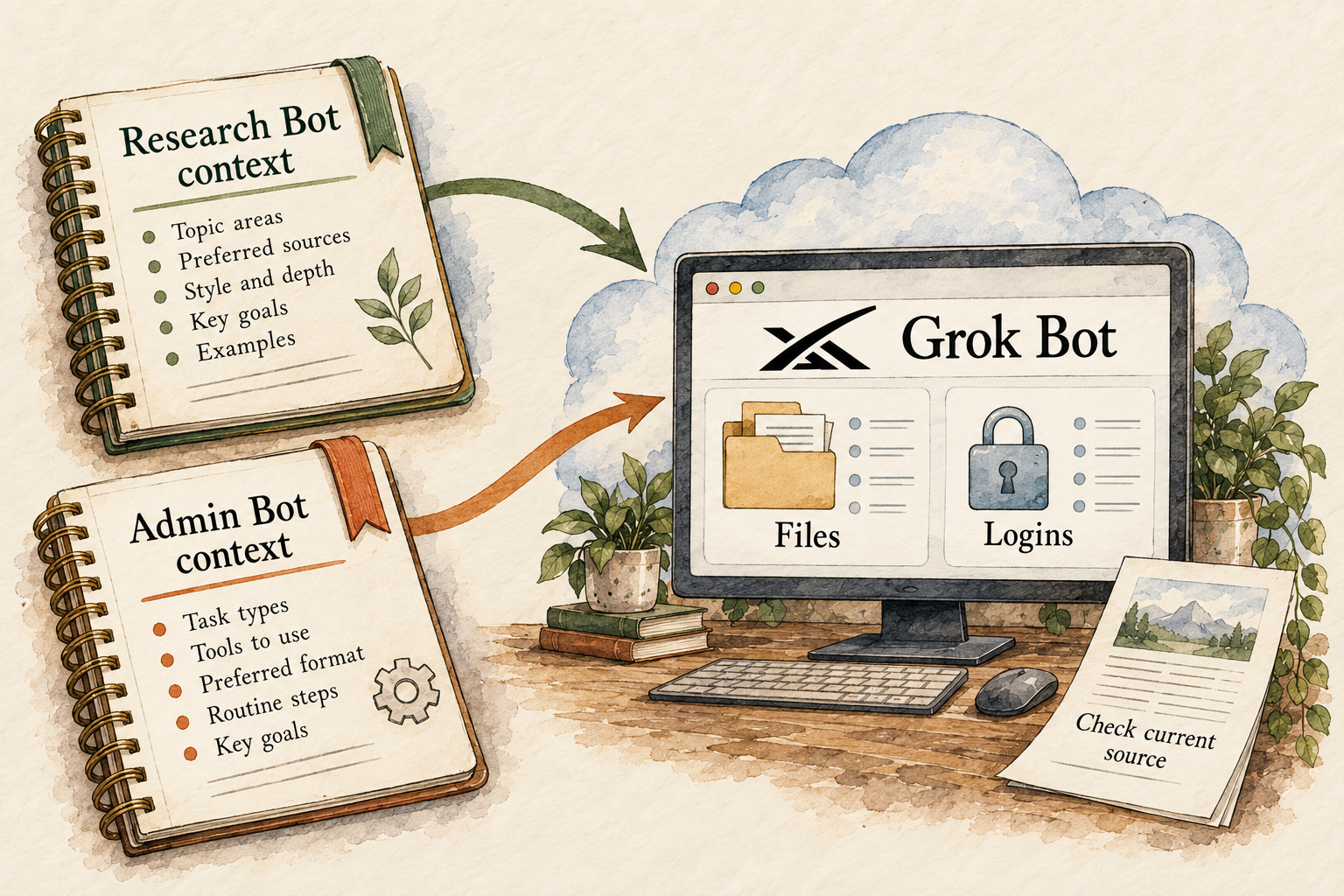 Each example Bot has its own context notebook, but both connect to a single computer with shared files and logins.
