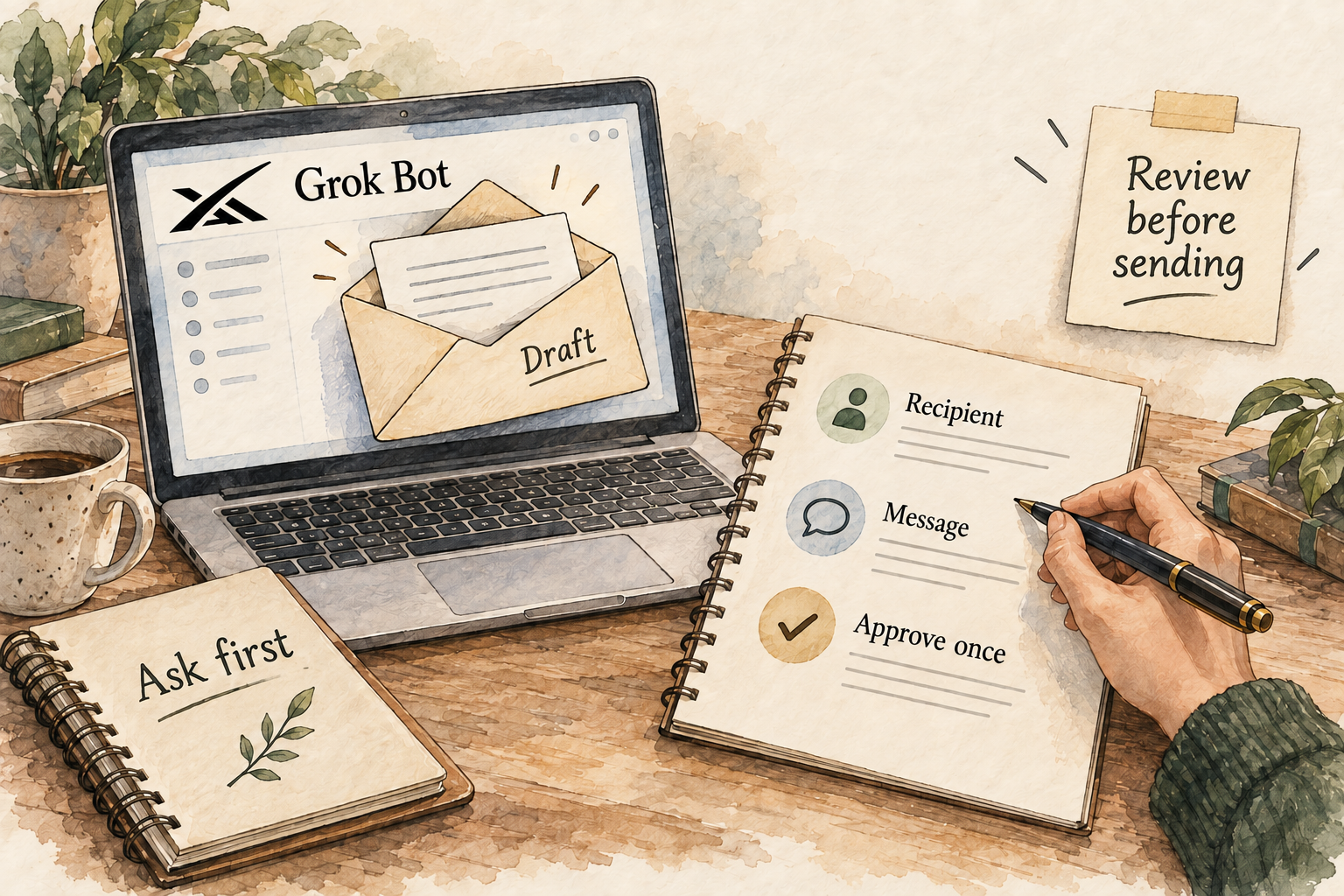 An unsent draft on a Grok Bot laptop sits beside a handwritten review checklist for recipient, message and one-time approval.