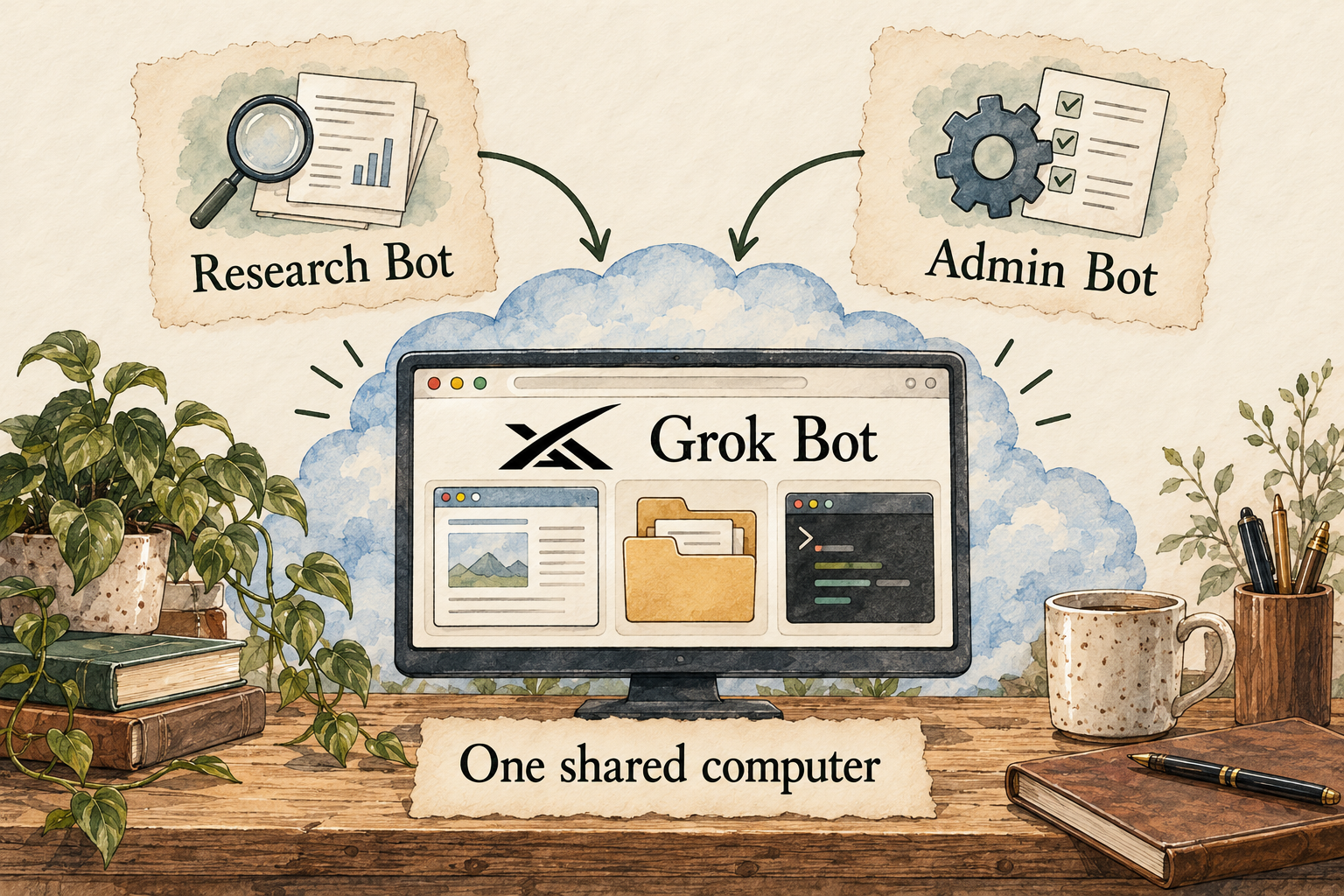 Research Bot and Admin Bot role cards both point to one cloud computer with a browser, folders and terminal.