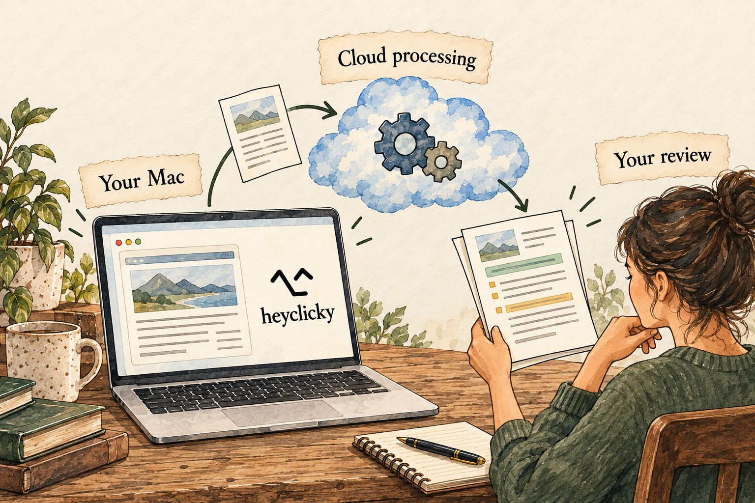 Open heyclicky on your Mac and provide the context it needs. Processing uses online providers rather than staying entirely on the Mac. Review its explanation or work before relying on it.