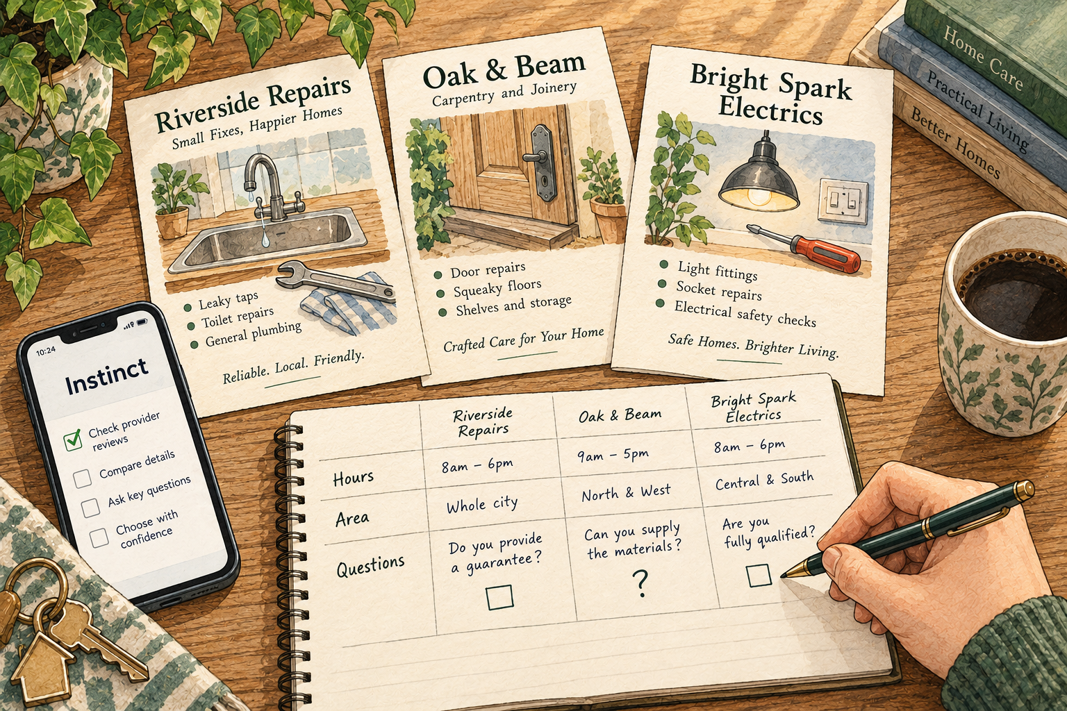 Three fictional home-service leaflets lead to a comparison notebook checked by a human hand beside an Instinct-marked phone.