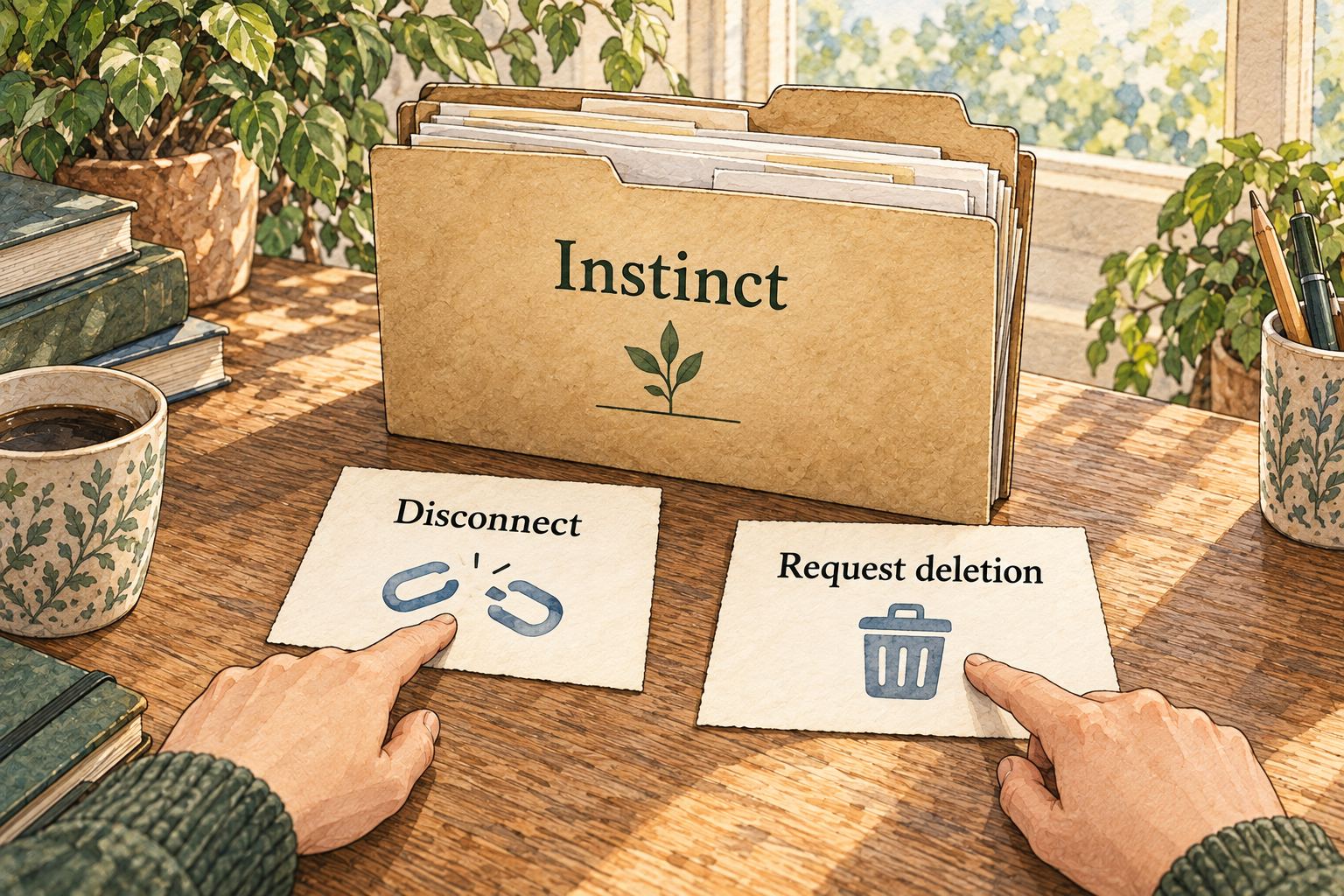 An Instinct-labelled folder sits beside two cards: Disconnect and Request deletion.
