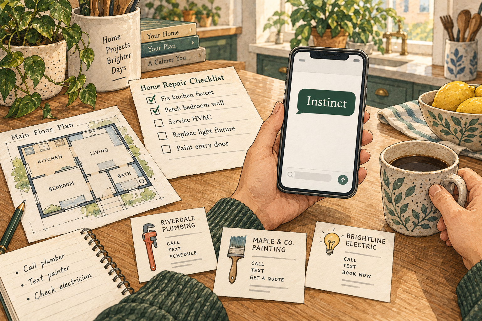 A phone marked Instinct sits beside a home repair checklist, fictional provider cards and a floor plan.