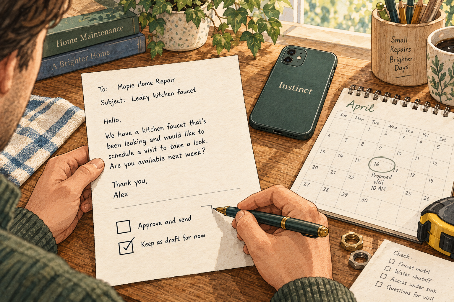 A person reviews an unsent home repair inquiry beside an Instinct-marked phone and a proposed date.