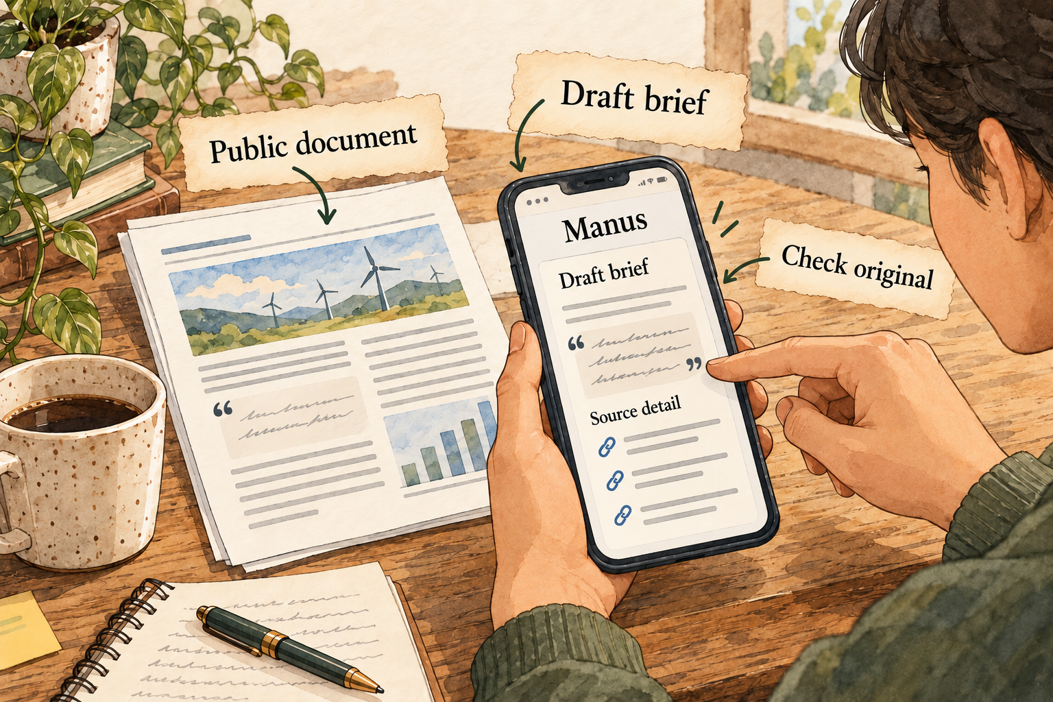 A person compares a returned draft with a public source document.