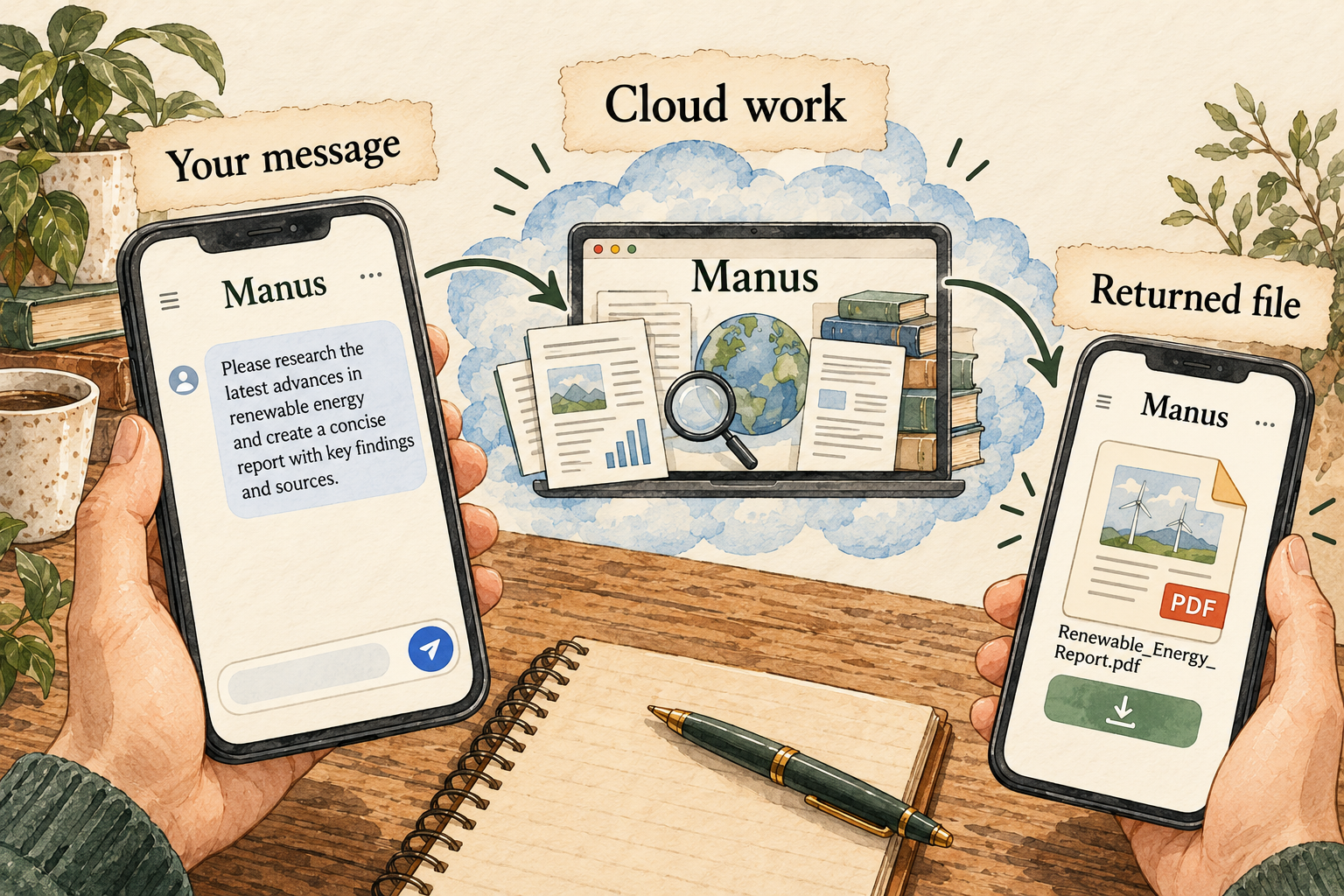 A direct chat request leads to cloud work and a returned file.