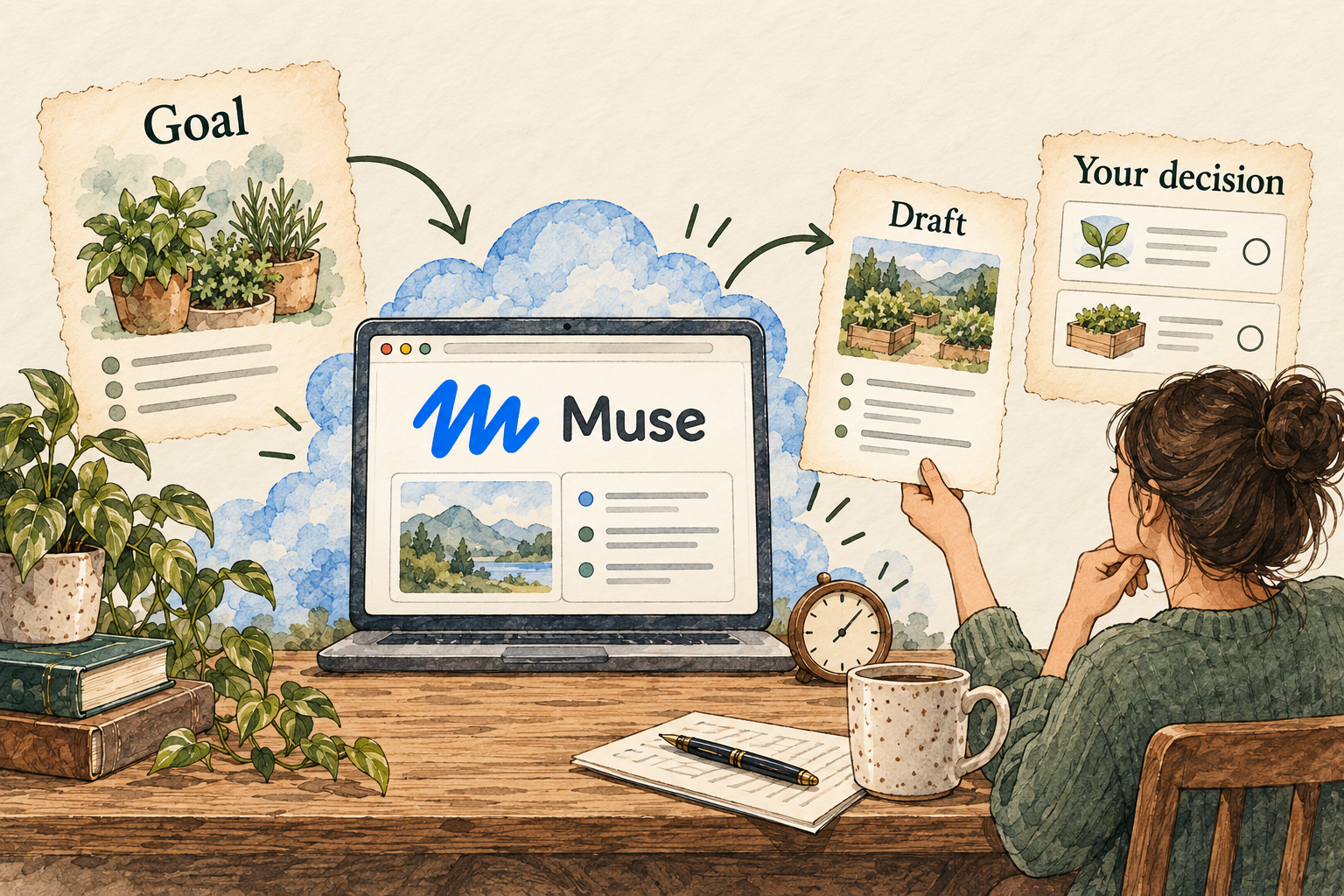 Describe a goal and choose the information Muse may use. Muse works on its own computer and can continue in the background. Review its activity, proposed decisions and results.