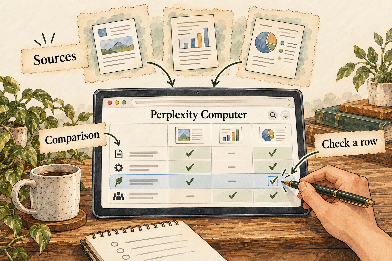Three public sources support a comparison table while a person checks one row.