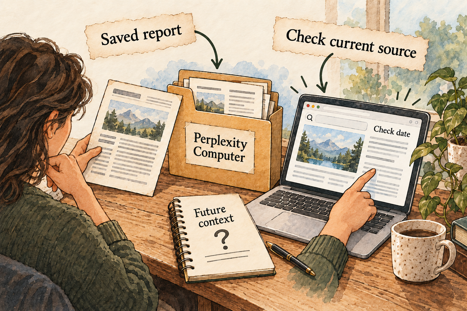 A saved report sits beside a question about future context and current source material.