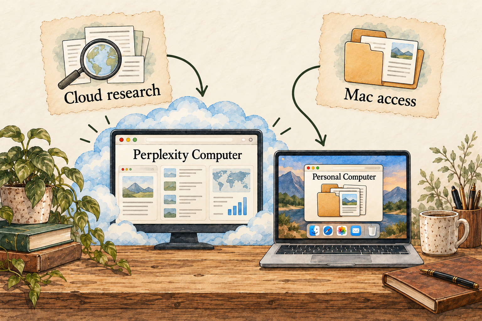 A cloud research computer and a Mac-connected Personal Computer have different input paths.