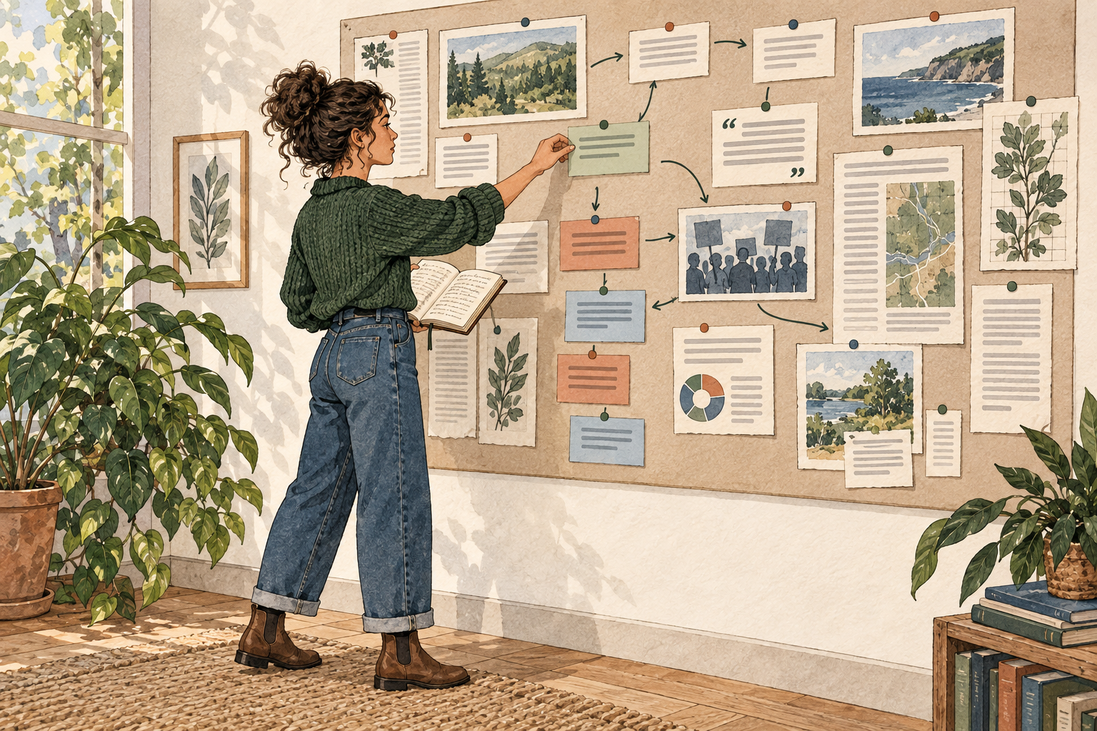A writer arranges source excerpts and topic cards on an editorial wall board.