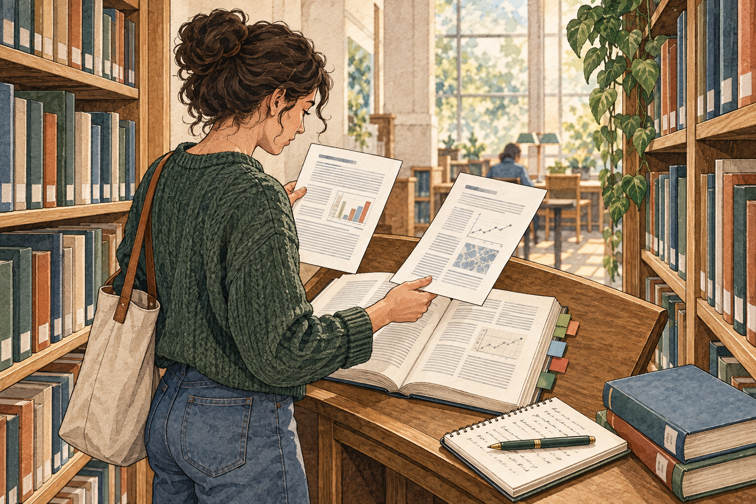 A researcher compares paper excerpts with an original book in a library.